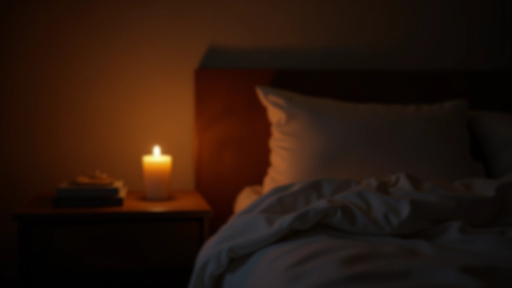 Temná ložnice s mírným světlem od svíčky, přikrývka a polštář, klid a pokoj