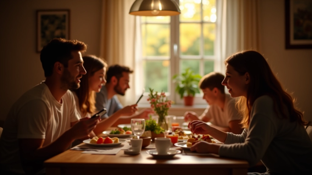 Rodina sedí u stolu bez telefonů, společný čas, teplé osvětlení