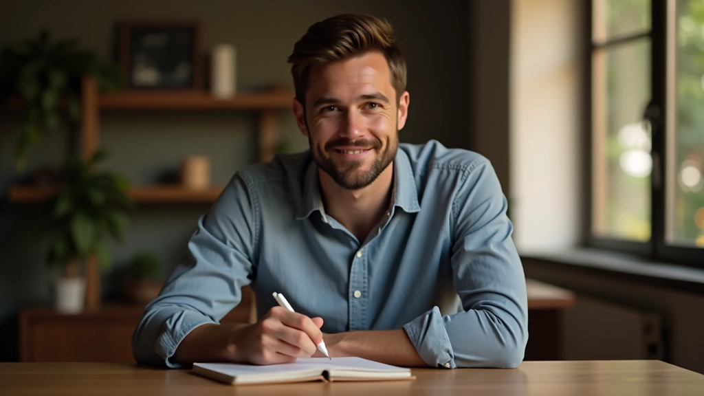 Muž sedí u stolu a dělá si poznámky do notebooku, tužka v ruce, studijní prostor