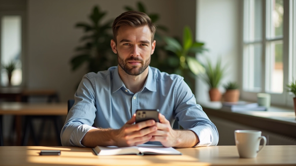 Muž sedí u stolu bez telefonu s kávou a knihou, denní světlo