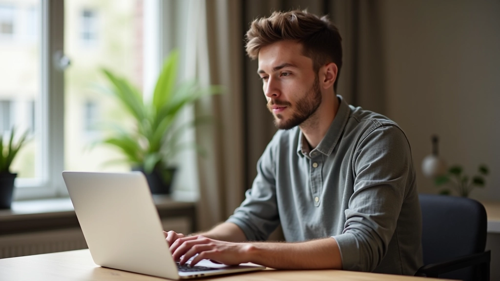 Osoba pracující na notebooku se soustředěným výrazem, klidné pracovní prostředí