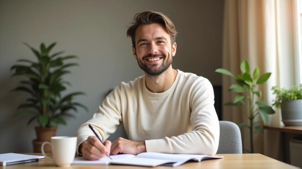 Osoba s notebookem a poznámkami provádí analýzu své digitální rutiny