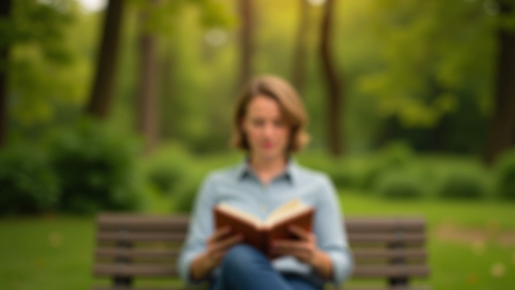 Osoba čte knihu venku na lavičce v parku, přírodní scéna