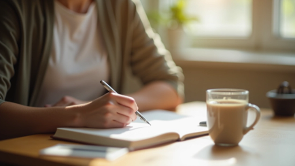 Psaní do deníku na stůl, pero a čaj, přirozené světlo