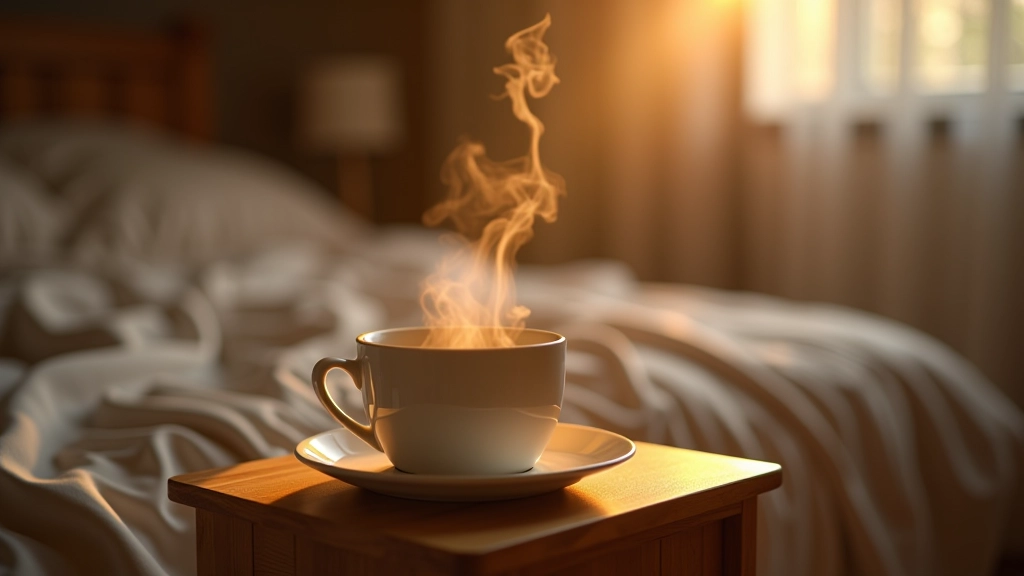 Hrnec s horkou vodou a šálkem na dřevěném stole, svíčka a květiny v pozadí