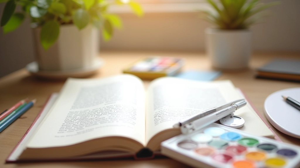 Různé materiály na stole: knížka, barvy, notebook, creative supplies, creative workspace