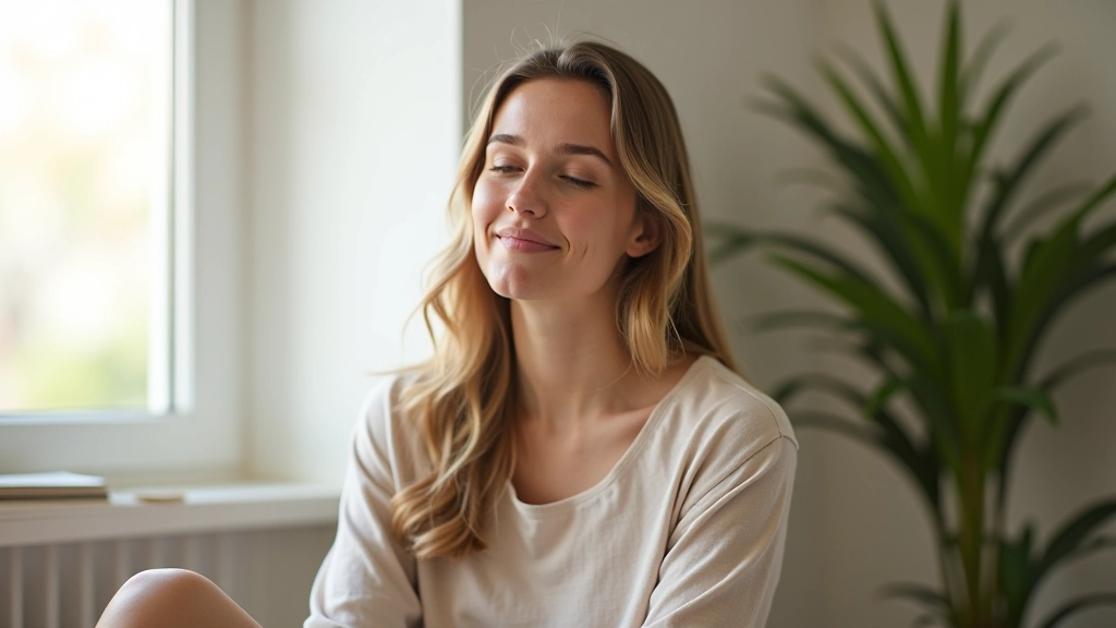 Žena bez telefonu v pokoji s knihou a květinou, přirozené denní světlo