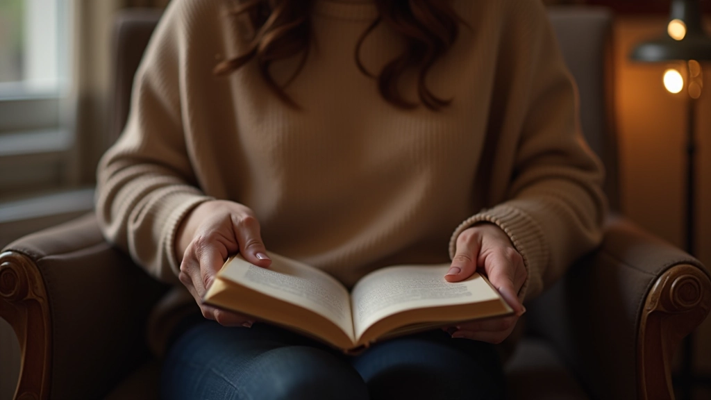 Žena si čte knihu v pohodlném koutě, přehoz na gauči, horká čaj vedle, útulné osvětlení
