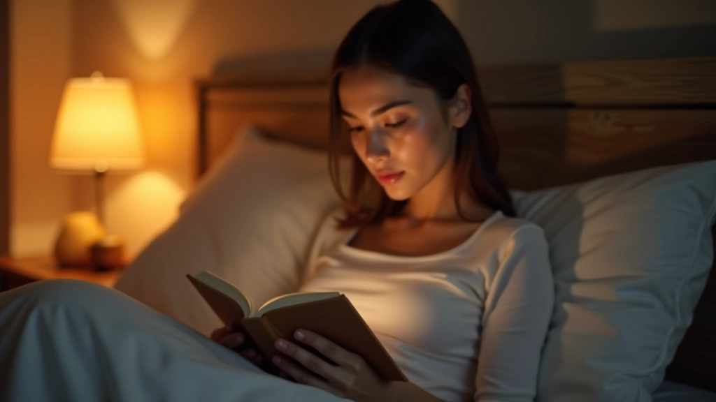 Člověk čte knihu na posteli se svíčkou poblíž, večerní osvětlení z okna